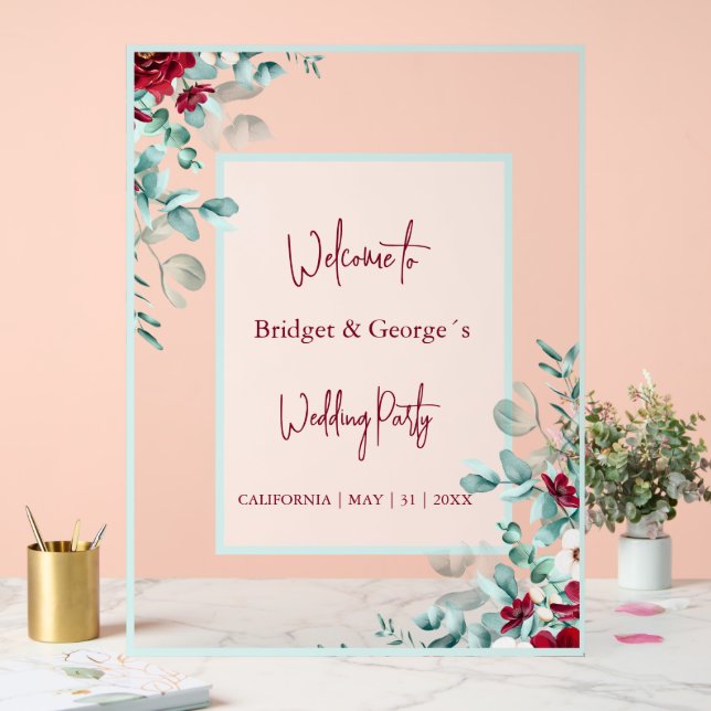 Señal Acrílica Bienvenida a Boda escarpado de eucalipto floral co (Boda)