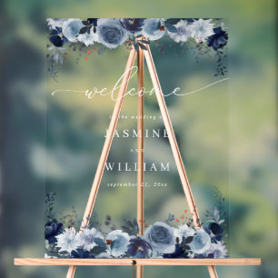 Señal Acrílica Bienvenida a Boda Floral Azul y Marina 2- Blanco