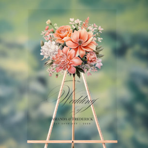 Señal Acrílica Bienvenida a Boda Floral de Peach Fuzz