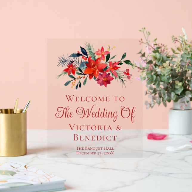 Señal Acrílica Bienvenida a Boda Floral de Poinsettia, Navidades 
