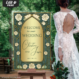 Señal Acrílica Bienvenida a Boda Floral de Vidrio Manchado de Oro