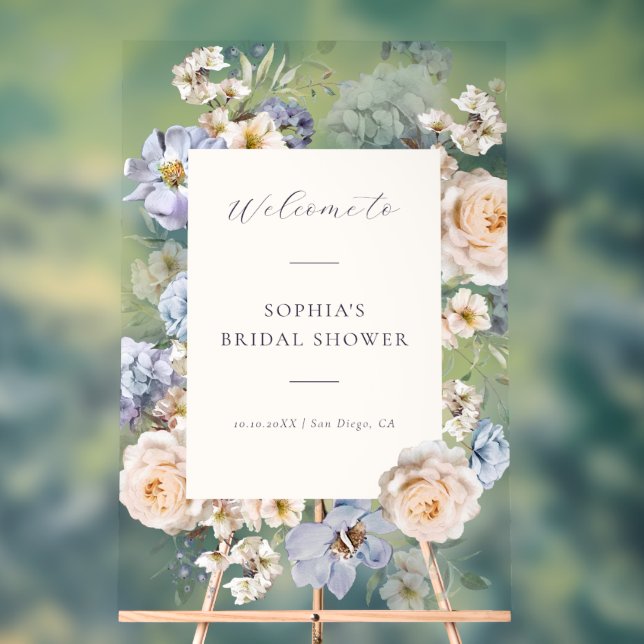 Señal Acrílica Bienvenida a Boda Floral Dusty Blue Cream (Neutral )