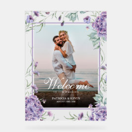 Señal Acrílica Bienvenida a Boda Floral Purple Hydrangea