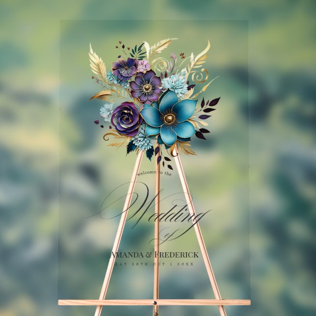 Señal Acrílica Bienvenida a Boda floral verde azulado, morado y d (Neutral )