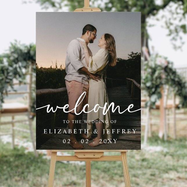Señal Acrílica Bienvenida a Boda fotográfico blanco con escritura (Modern Script White Photo Wedding Welcome Acrylic Sign)