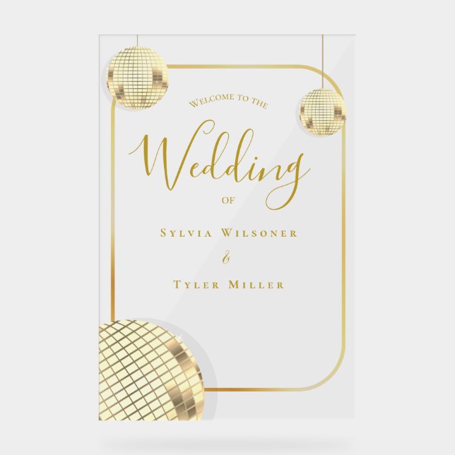 Señal Acrílica Bienvenida a Boda Gold Disco Ball (Anverso)