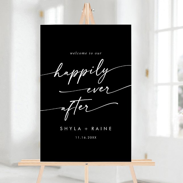 Señal Acrílica Bienvenida a Boda negro blanco feliz (Boho Modern Happily White Black Wedding Welcome Acrylic Sign)
