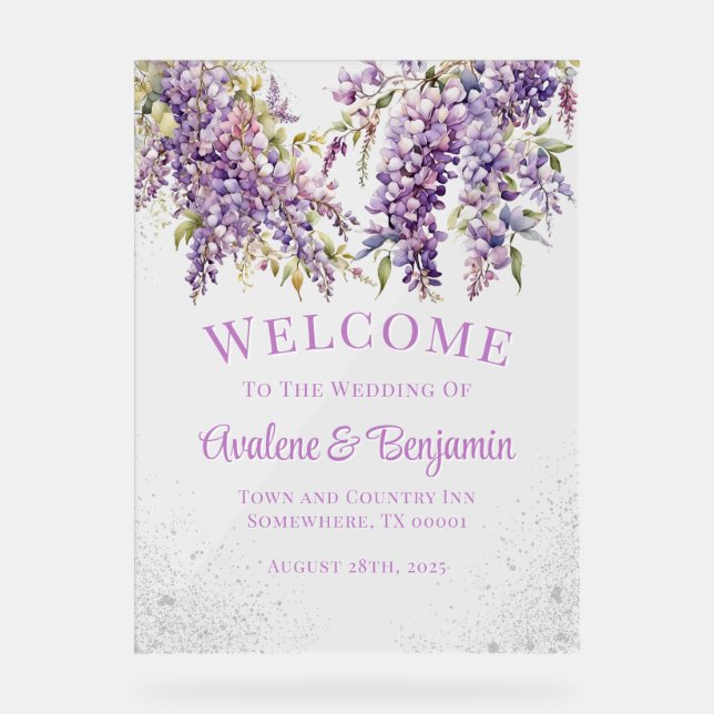 Señal Acrílica Bienvenida a Boda Purpurina   de la Wisteria Púrpu (Anverso)