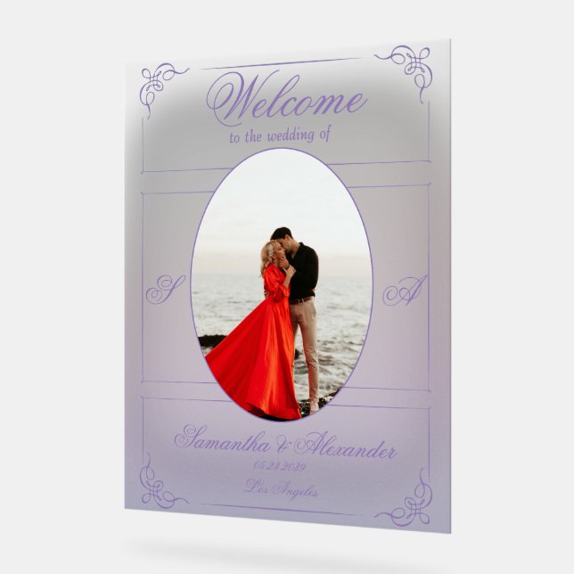 Señal Acrílica Bienvenida a Boda victoriano de Chinoiserie Purple (Ángulo)