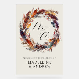 Señal Acrílica Bienvenida a Boda Wreath Boho Monogram Feathers