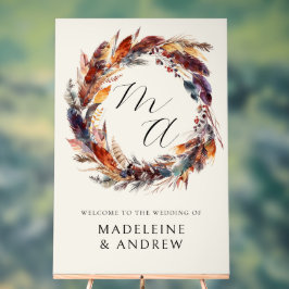 Señal Acrílica Bienvenida a Boda Wreath Boho Monogram Feathers