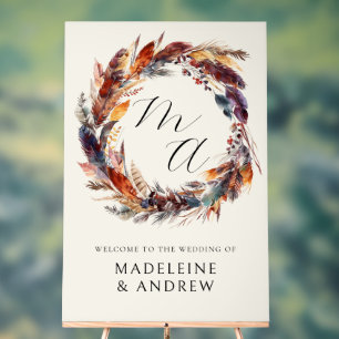 Señal Acrílica Bienvenida a Boda Wreath Boho Monogram Feathers