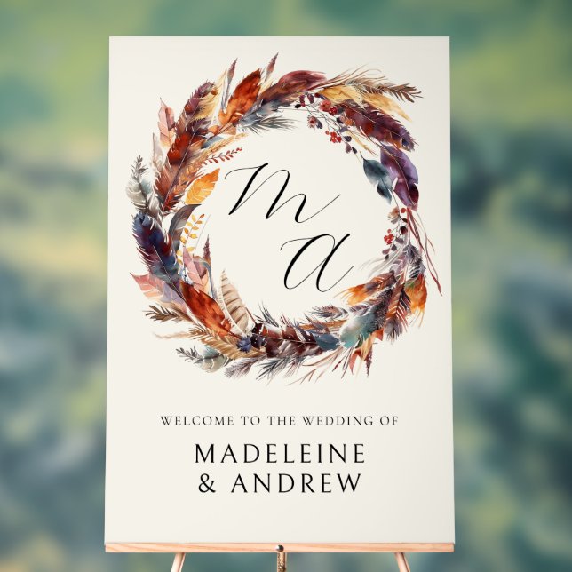 Señal Acrílica Bienvenida a Boda Wreath Boho Monogram Feathers (Neutral )
