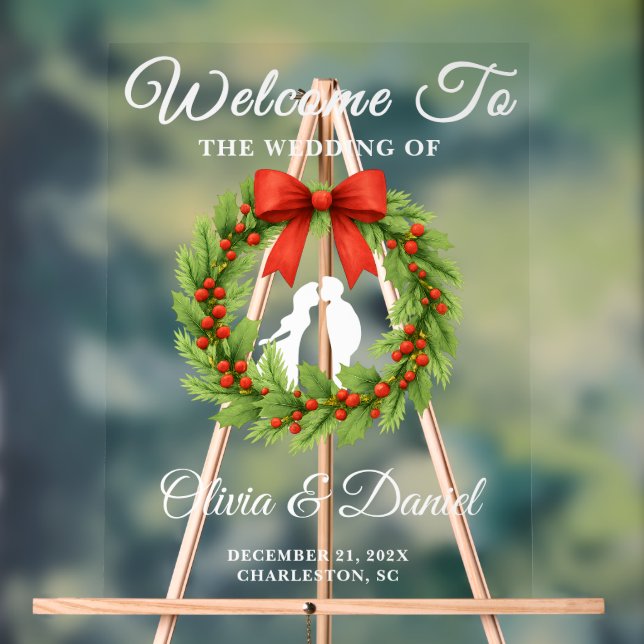 Señal Acrílica Bienvenida a Boda Wreath Navidades de Holly Berry (Neutral )