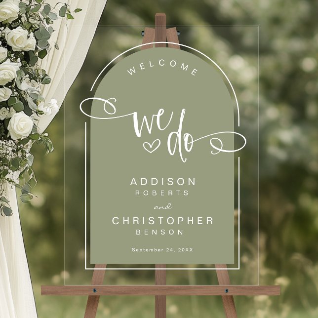 Señal Acrílica Bienvenida a Bodas modernos con guión verde sabio (Shown on an 18" x 24" acrylic sign)