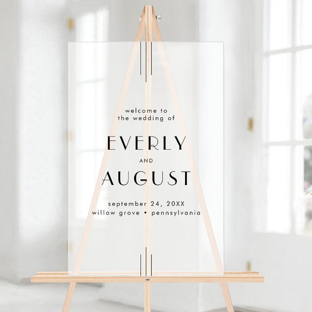 Señal Acrílica Bienvenida a Bodas negros de estilo Art Decó (EVERLY Modern Art Deco Black Wedding Welcome Acrylic Sign)