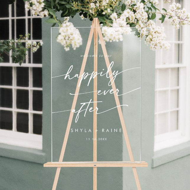 Señal Acrílica Bienvenida a Boho Moderno Boda Claramente Blanco Y (Boho Modern Happily White Clear Wedding Welcome Acrylic Sign)