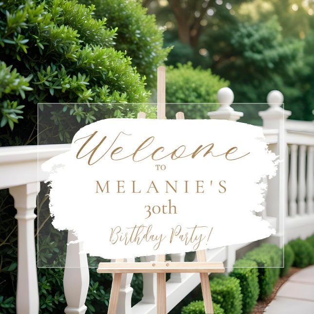 Señal Acrílica Bienvenida a cumpleaños de estilo moderno con pinc (White Brush Stroke Modern Script Birthday Welcome Acrylic Sign)