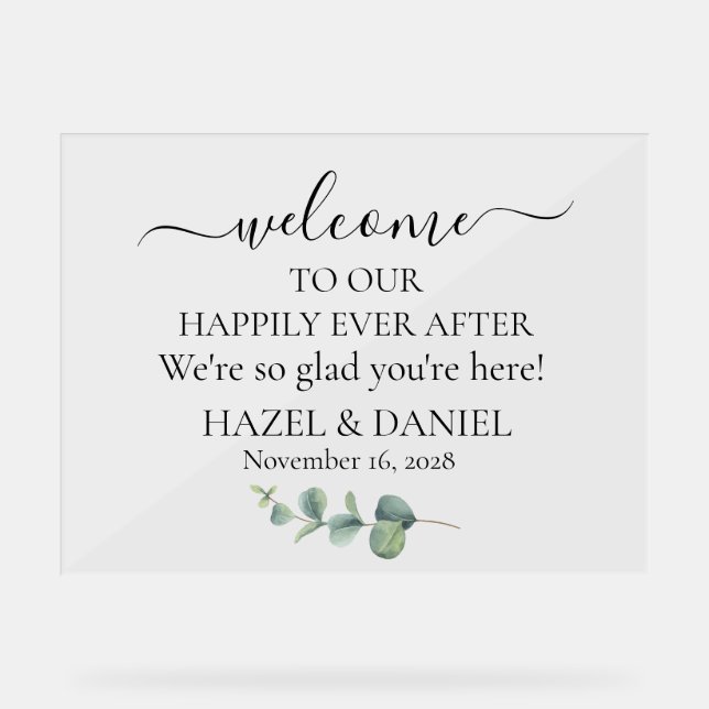 Señal Acrílica Bienvenida a Eucalyptus Greenery Boda (Anverso)