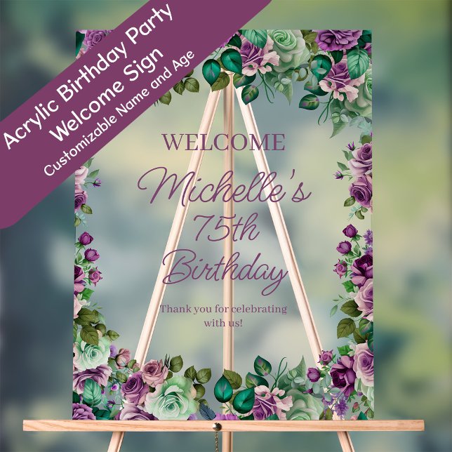 Señal Acrílica Bienvenida a fiesta de cumpleaños Purple Mint Gree (Acrylic purple and mint green floral birthday party welcome sign)