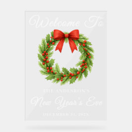 Señal Acrílica Bienvenida a Fiesta de Nochevieja Holly Berry Wrea