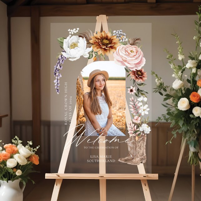 Señal Acrílica Bienvenida a graduación de fotografía occidental e (Cowgirl Country Western Photo Graduation Welcome Acrylic Sign)