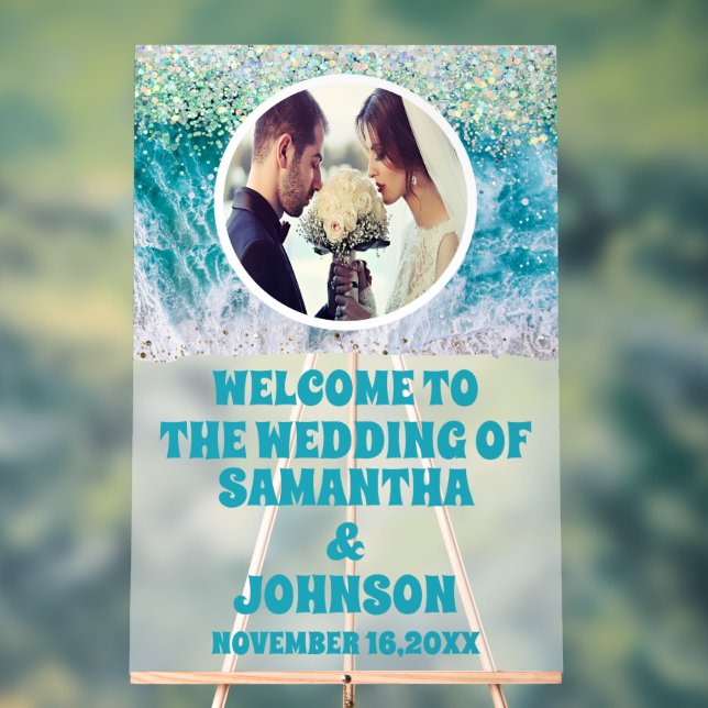 Señal Acrílica Bienvenida a la boda de la playa con escarcha de l (Neutral )