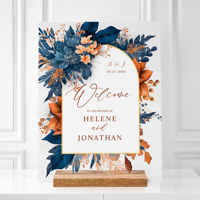 Señal Acrílica Bienvenida a la boda elegante Naranja de la Marina (Navy Blue Rust Orange Elegant Wedding Welcome Acrylic Sign)