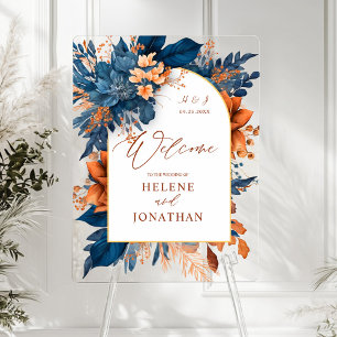 Señal Acrílica Bienvenida a la Boda Floral Elegante Naranja de la
