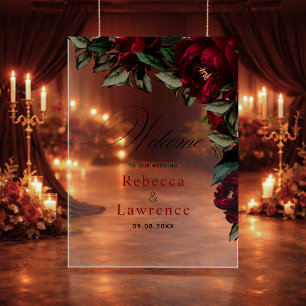 Señal Acrílica Bienvenida a la boda gótica floral verde rojo oscu