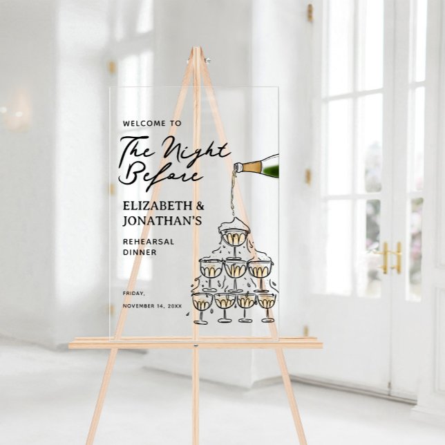 Señal Acrílica Bienvenida a la cena de un ensayo de champagne cap (Whimsical Champagne Rehearsal Dinner Welcome Acrylic Sign)
