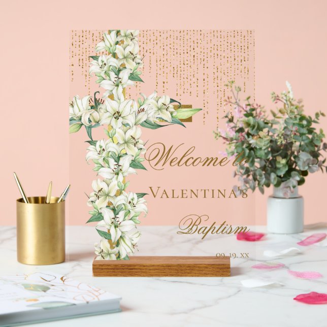 Señal Acrílica Bienvenida a la Cruz de Oro Floral Lirio Blanco (Boda)
