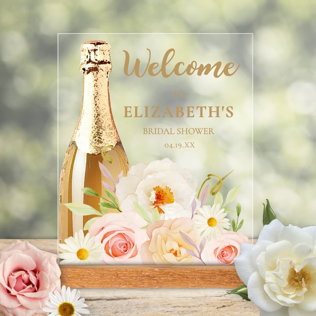 Señal Acrílica Bienvenida a la despedida de soltera con acuarela  (Watercolor blush floral bridal shower Welcome tabletop acrylic sign)