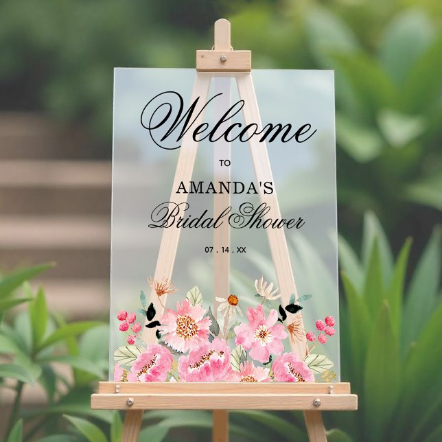 Señal Acrílica Bienvenida a la despedida de soltera con flores si (Pink garden floral bridal shower welcome acrylic sign)