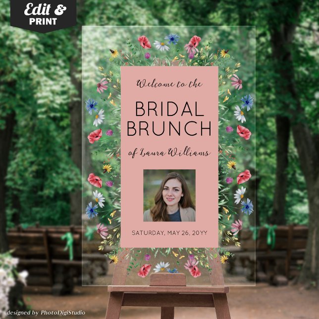 Señal Acrílica Bienvenida a la despedida de soltera con flores si (Wildflowers Bridal Shower Bridal Brunch Welcome Acrylic Sign Pink Floral Welcome Sign)