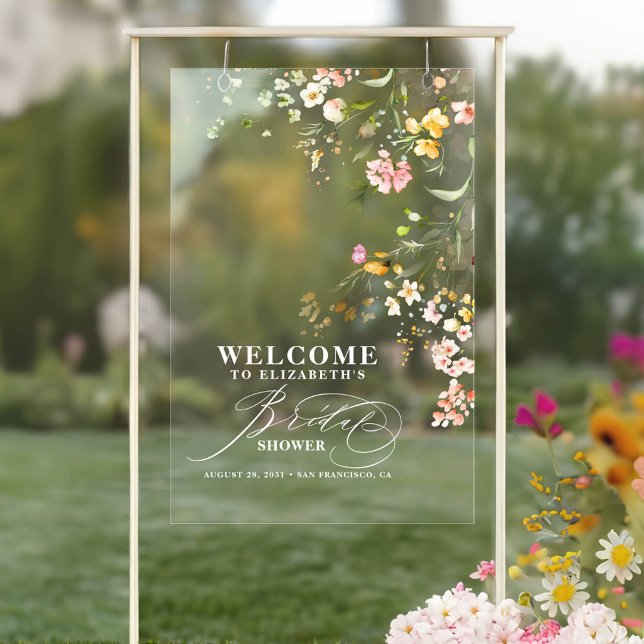 Señal Acrílica Bienvenida a la Despedida de Soltera Flores Silves (Wildflowers Bridal Shower Acrylic Transparent Welcome Sign)