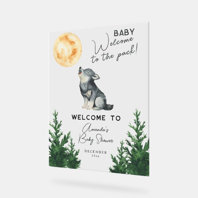 Señal Acrílica Bienvenida a la ducha de bebé Lobo acuarela (Ángulo)