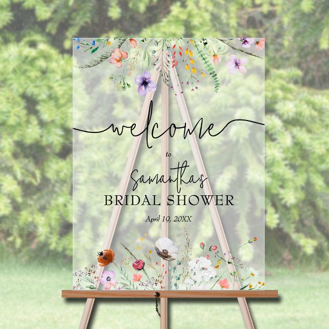 Señal Acrílica Bienvenida a la ducha de flores silvestres (Wildflower bridal shower welcome acrylic sign)