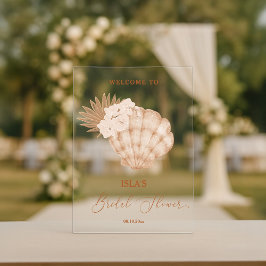 Señal Acrílica Bienvenida a la ducha de nogal Boho Beach Seashell
