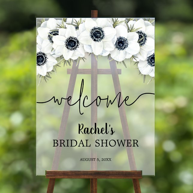 Señal Acrílica Bienvenida a la ducha de novia acuarela floral (Black and white watercolor floral bridal shower acrylic Welcome sign)