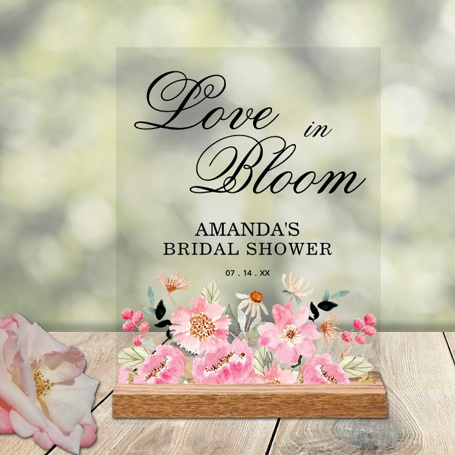 Señal Acrílica Bienvenida a la ducha de novia con flores rosadas (Love in Bloom on pink garden floral bridal shower welcome acrylic tabletop sign)