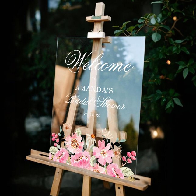 Señal Acrílica Bienvenida a la ducha de novia con flores rosadas (Pink floral bridal shower Welcome clear acrylic sign)