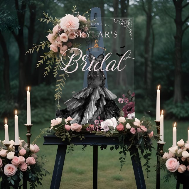 Señal Acrílica Bienvenida a la ducha de novia con vestimenta de B (Gothic Black Wedding Dress Bridal Shower Welcome F Acrylic Sign)