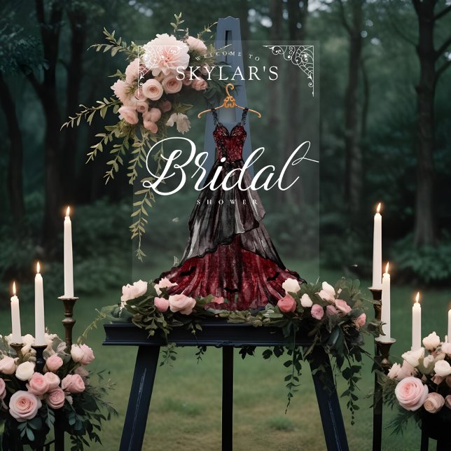 Señal Acrílica Bienvenida a la ducha de novia con vestimenta de B (Gothic Black Wedding Dress Bridal Shower Welcome Acrylic Sign)