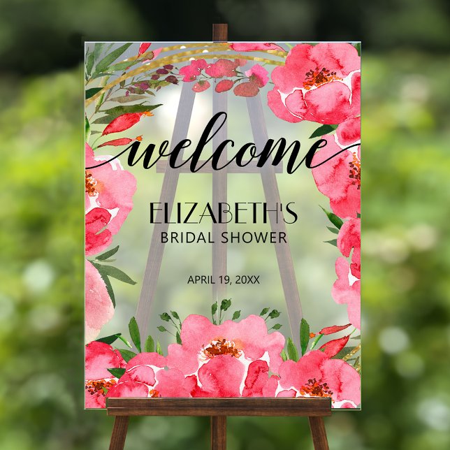 Señal Acrílica Bienvenida a la ducha de novia de los peones rosad (Watercolor pink flowers bridal shower acrylic welcome sign)