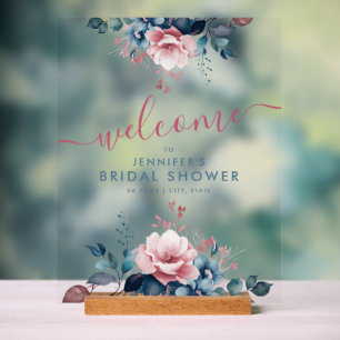 Señal Acrílica Bienvenida a la ducha de novia floral Boho Blue Ga