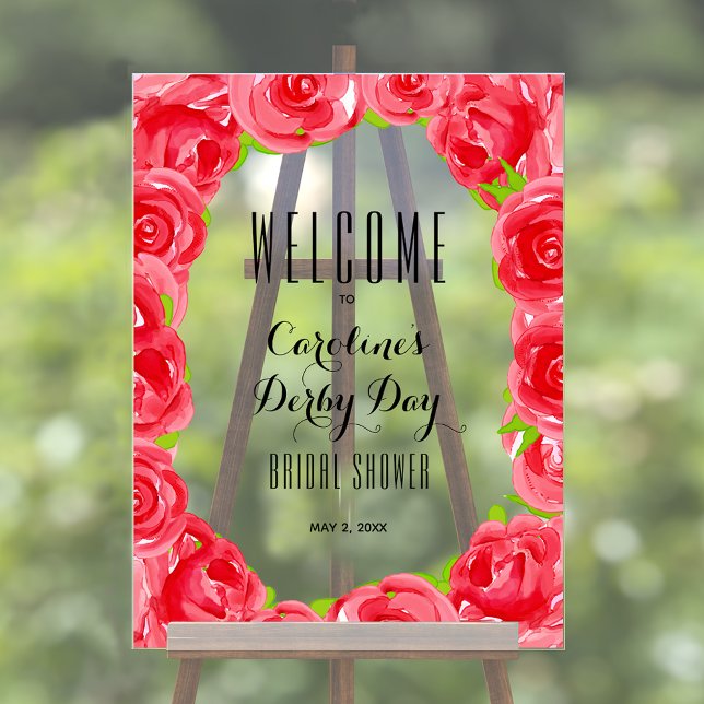 Señal Acrílica Bienvenida a la ducha de novias estilo Roses Roses (Red Roses Derby Style Bridal Shower Acrylic Welcome Sign)