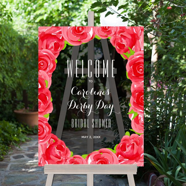 Señal Acrílica Bienvenida a la ducha de novias estilo Roses Roses (Red Roses Derby Style Bridal Shower Smoky Transparent Black Acrylic Welcome Sign)