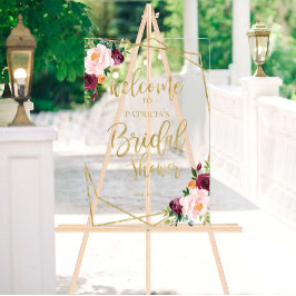 Señal Acrílica Bienvenida a la ducha nupcial floral Burdeos con r