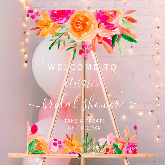 Señal Acrílica Bienvenida a la ducha nupcial floral chic de otoño (Chic fall floral watercolor bridal shower welcome acrylic sign)